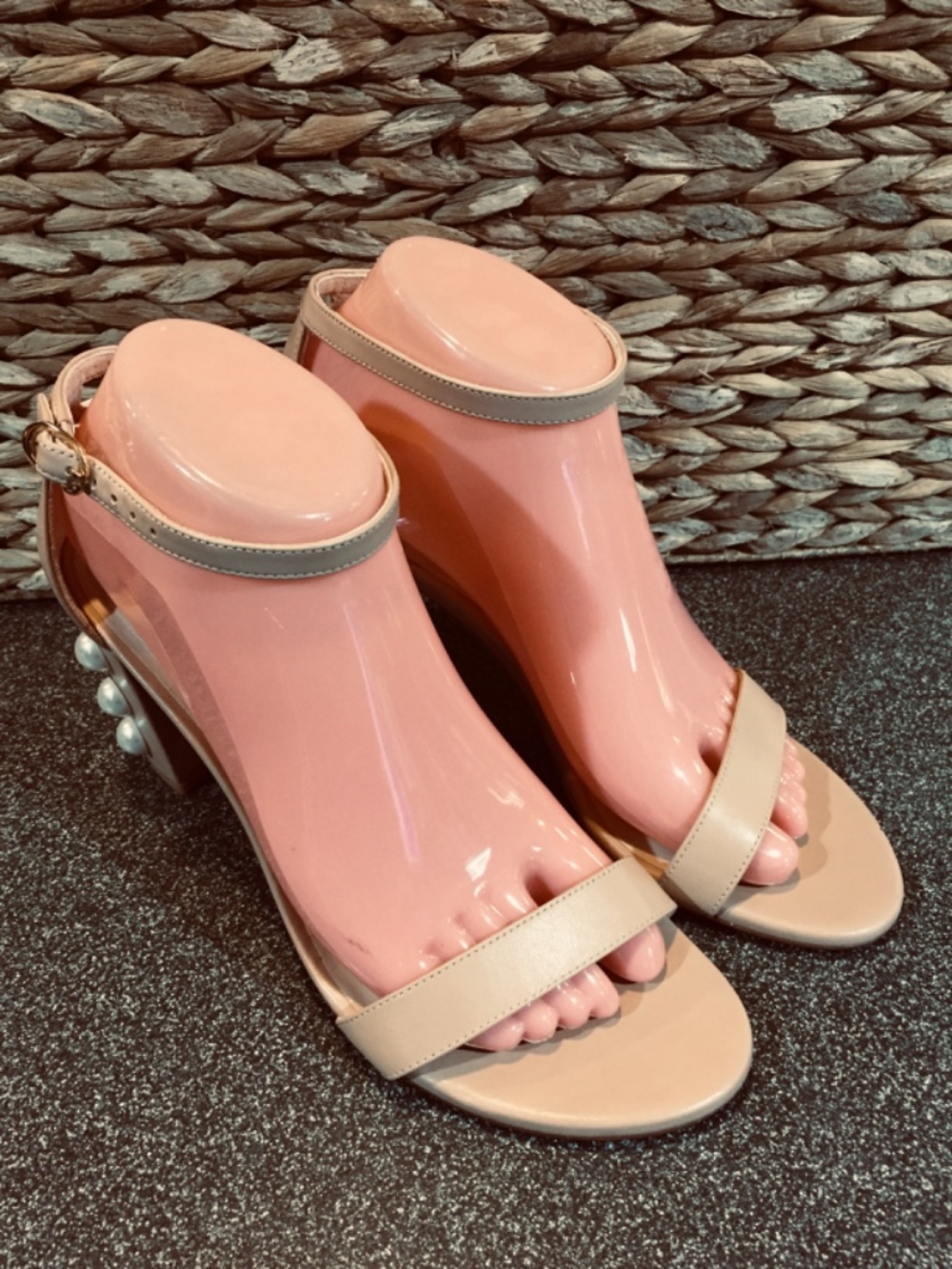Stuart Weitzman Nude Beige Pearl-Embellished Block Heel Sandals - Picture 3 of 15